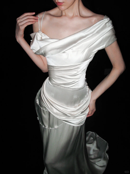 Charming Sheath Off the Shoulder Pearl White Satin Long Wedding Dress DP6374