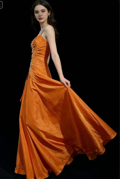 Vintage A Line Spaghetti Strap Beaded Pleated Bright Orange Satin Prom Dress Party Dress DP2765