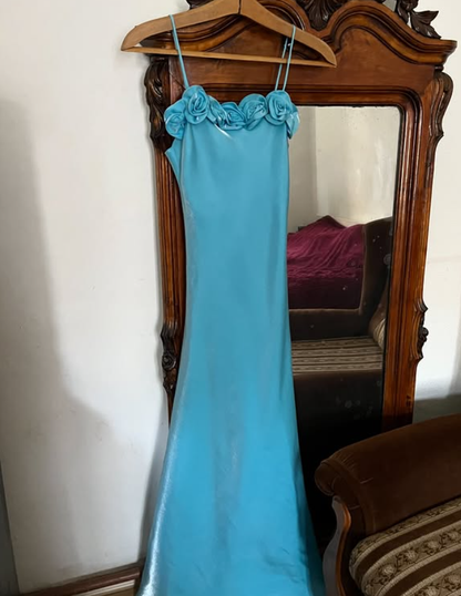 Dazzling Blue A Line Straps Floral Satin Prom Dress Evening Dress Date Dress DP5710