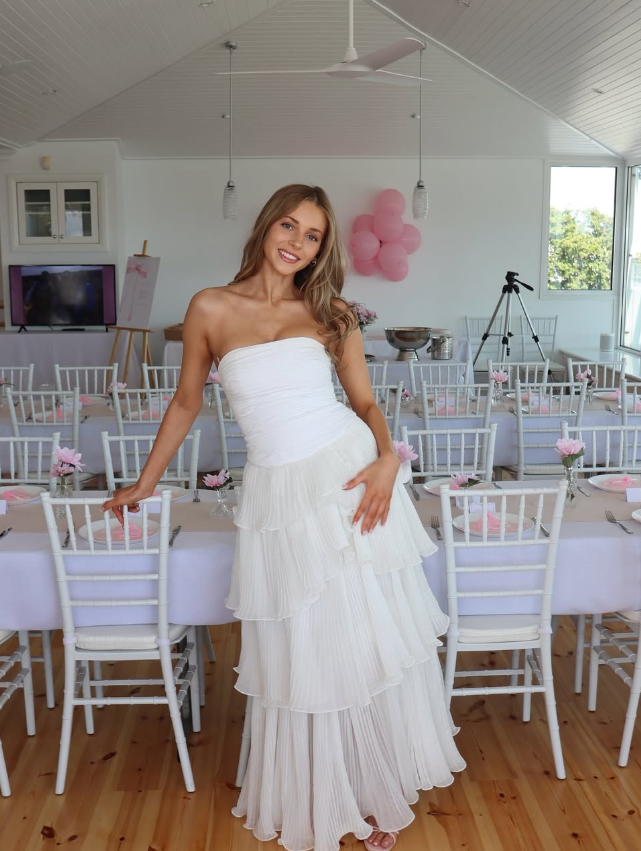 Gentle A Line Strapless Tiered White Chiffon Prom Dress Evening Dress DP2007