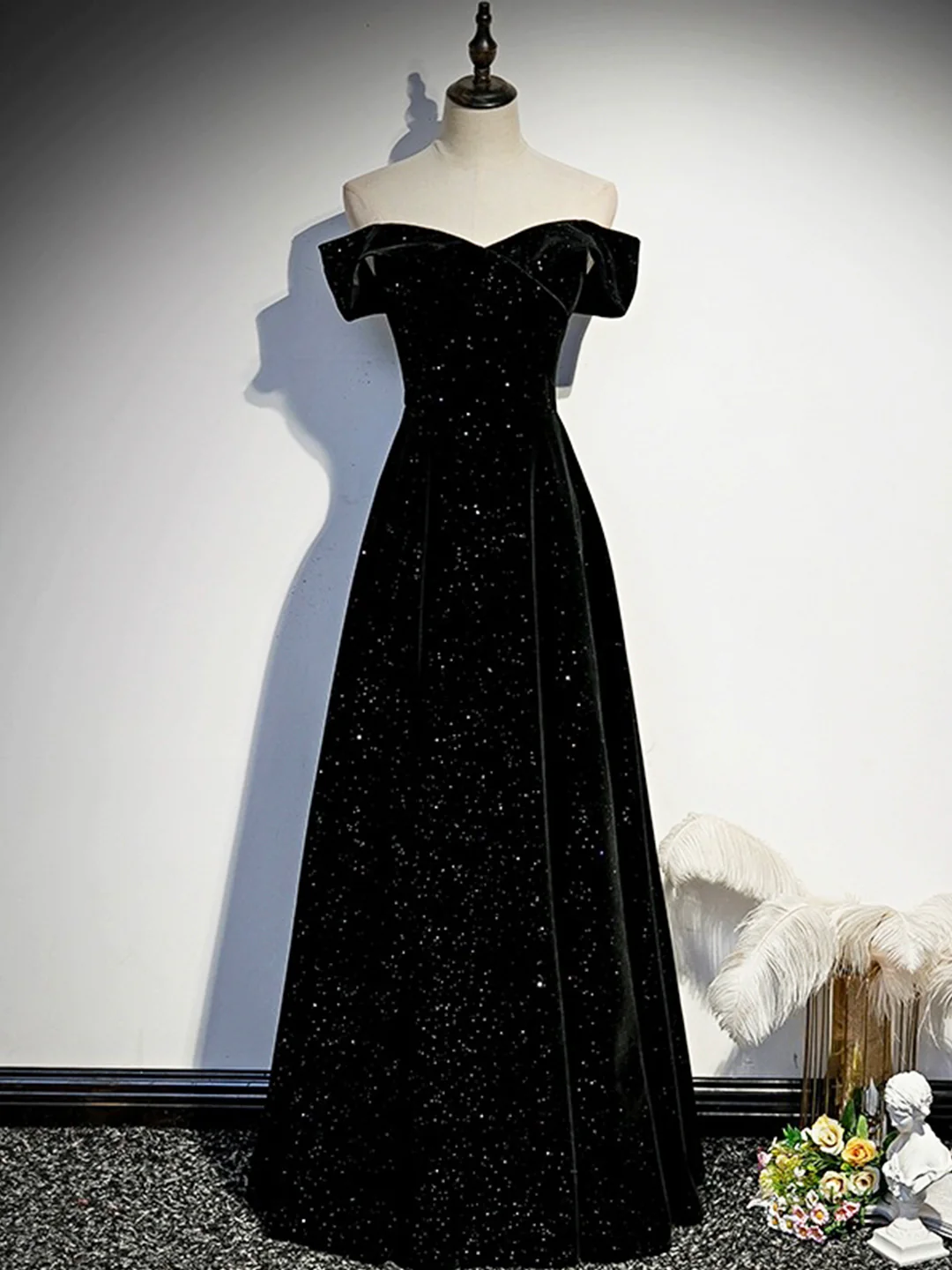 Black Velvet Long Prom Dress Off the Shoulder Evening Party Dress DP366