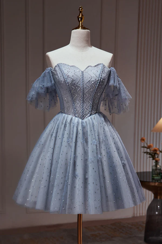 Blue Off The Shoulder Tulle Short Homecoming Dress DP624