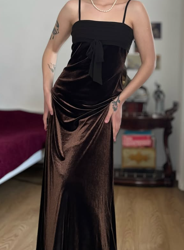 Vintage Sheath Spaghetti Strap Brown Velvet Prom Dress Evening Dress DP5725