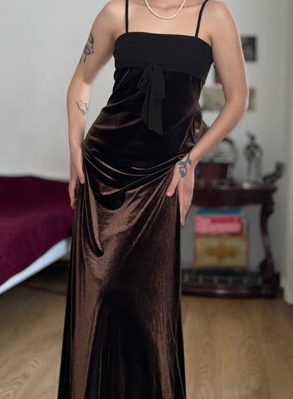 Vintage Sheath Spaghetti Strap Brown Velvet Prom Dress Evening Dress DP5725