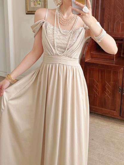 Pretty A Line Spaghetti Straps Beaded Satin Long Prom Dress Evening Dress DP6790