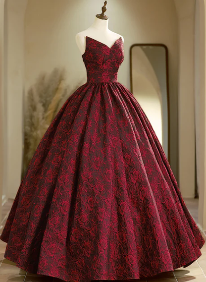 Burgundy Strapless Rose Print Ball Gown Long Formal Prom Dress DP604