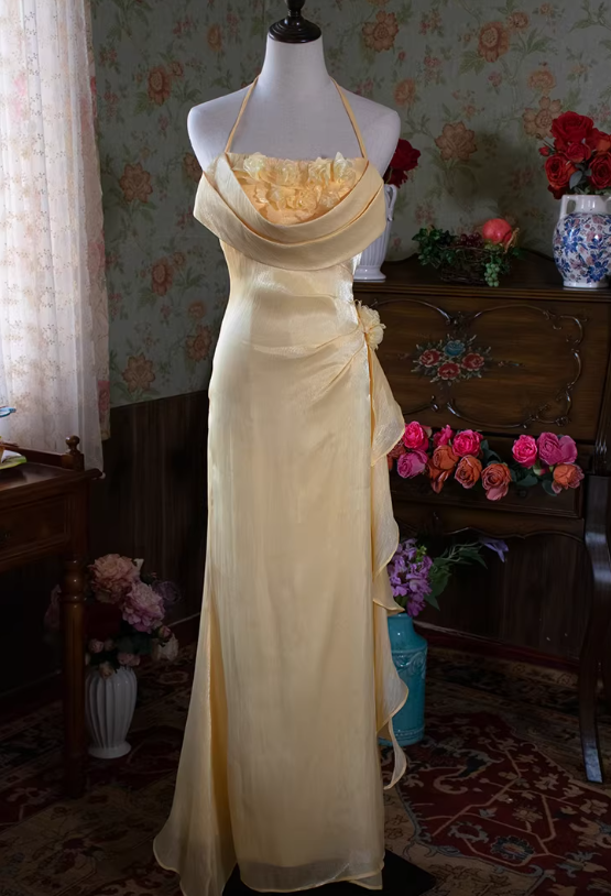 Pretty Green Mermaid Halter Floral Satin Long Prom Dress Outfits DP4698