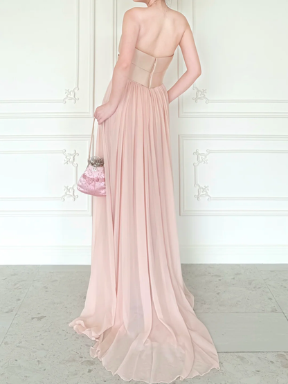 Sweety Light Pink A Line Strapless Chiffon Prom Dress Evening Dress DP6443