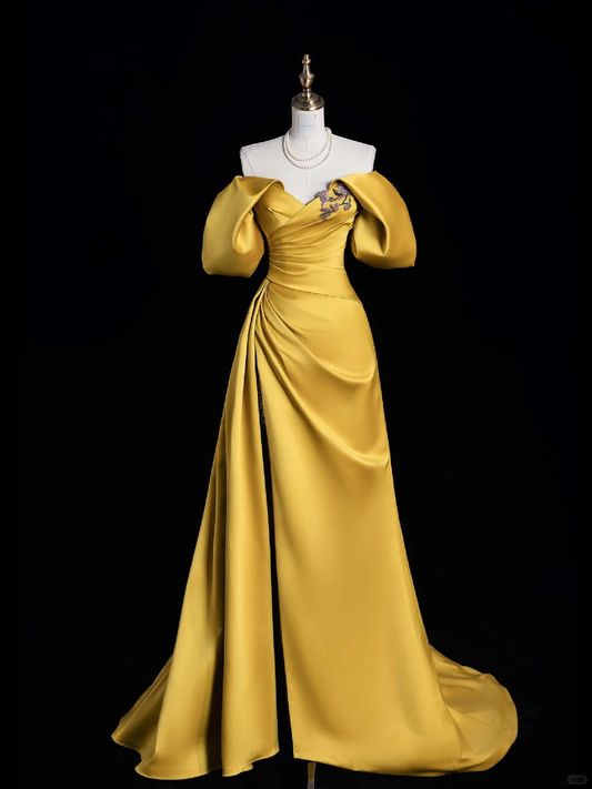 Elegant A Line Off the Shoulder Appliques Yellow Satin Prom Dress Evening Dress DP2023