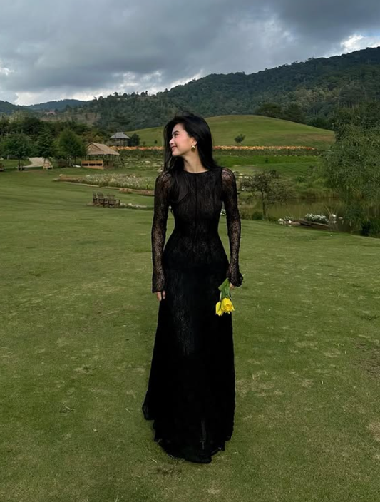 Sexy Black A Line Long Sleeve Lace Long Prom Dress Evening Dress DP3967