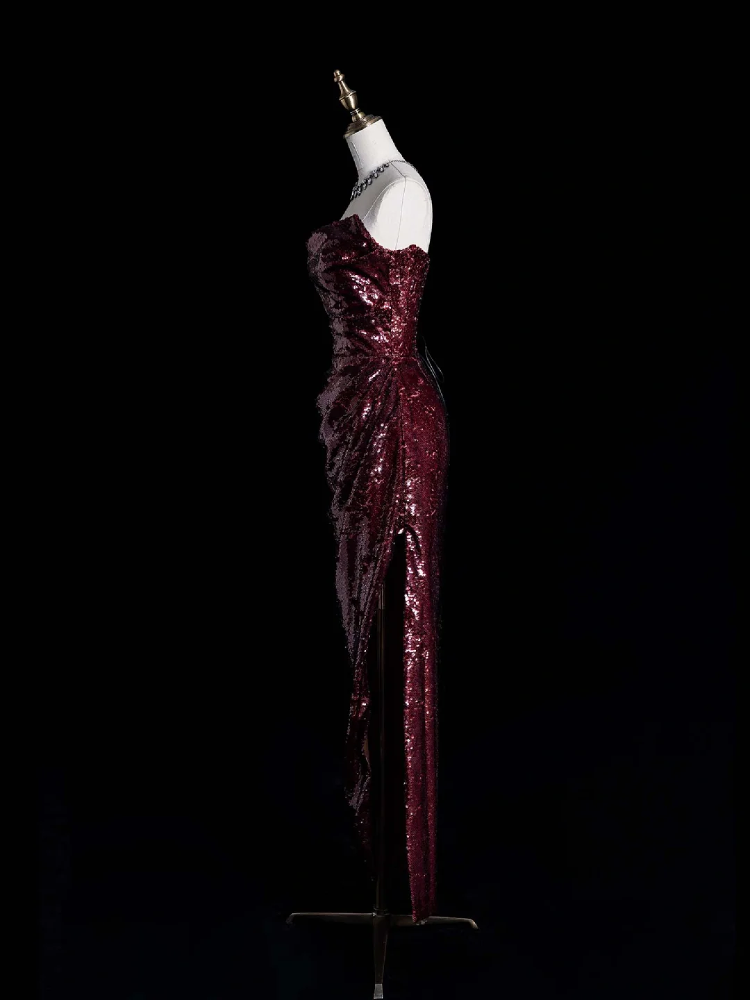 Sexy Sheath Strapless Burgundy Sequin Prom Dress Evening Dress with Slit DP2025