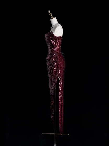 Sexy Sheath Strapless Burgundy Sequin Prom Dress Evening Dress with Slit DP2025