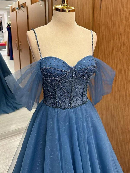 Blue Tulle Beading Long Prom Dress Evening Dress DP077