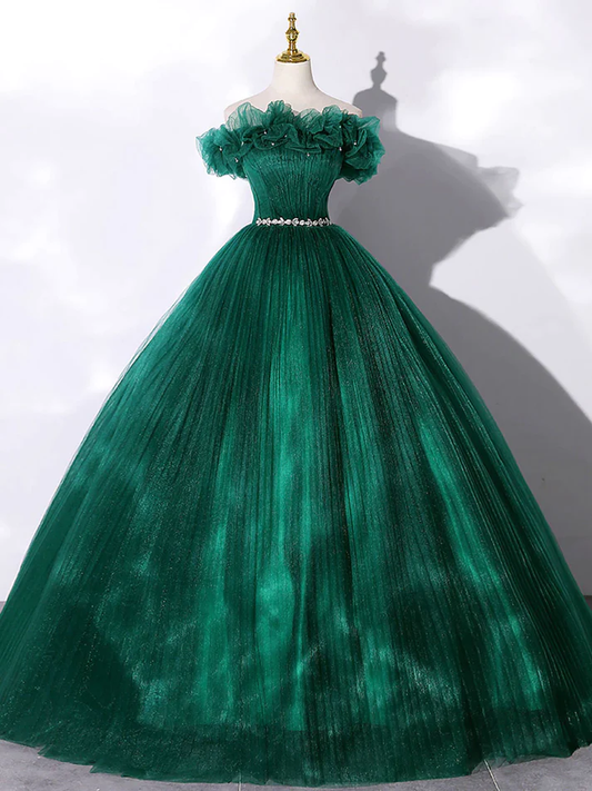 Green Tulle Off The Shoulder Folds Long Prom Dress Princess Evening Dress Ball Gown DP141