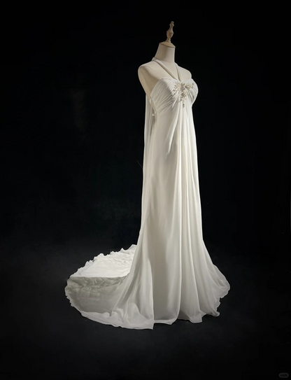 Vintage Gentle A Line Halter Beaded White Chiffon Long Prom Dress Party Dress DP2766