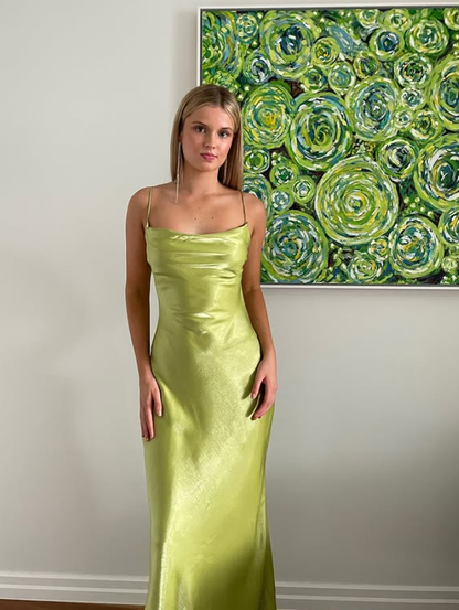 Simple Green Sheath Spaghetti Strap Satin Prom Dress Evening Dress DP5506