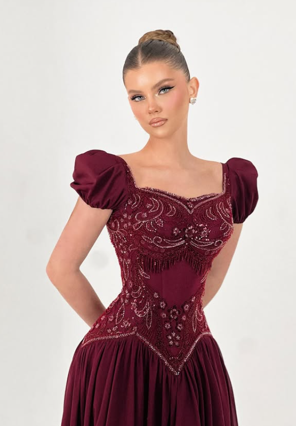 Cute Burgundy A Line Puff Sleeve Beaded Chiffon Long Prom Dress Evening Dress DP6052