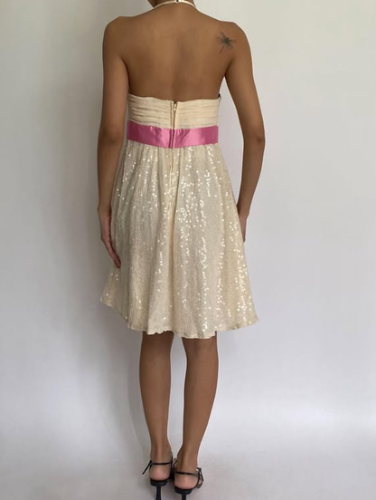 Vintage Apricot A Line Halter Sequin Short Prom Dress Homecoming Dress with Bow DP3690