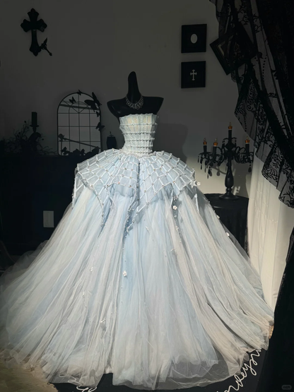 Luxurious Baby Blue Ball Gown Strapless Beaded Tulle Prom Dress Evening Dress DP6985