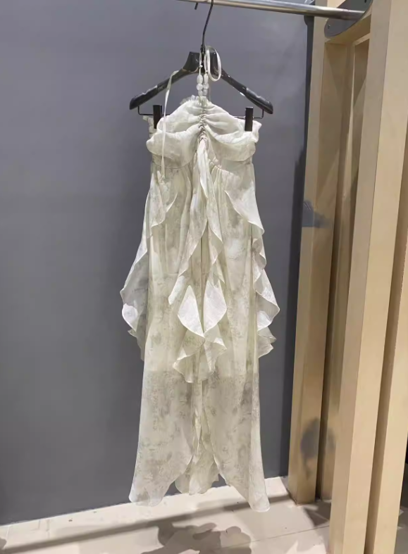 A Line Halter Ruffled Floral Chiffon Long Vacation Dresses Outfits DP1323