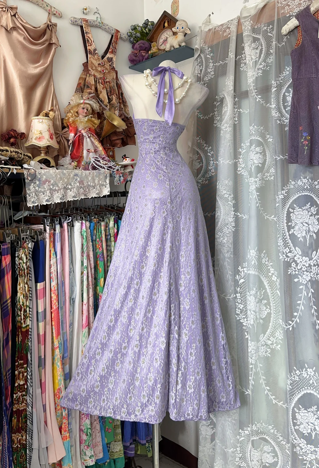 Vintage Lilac A Line Halter Lace Satin Prom Dress Evening Dress DP5241