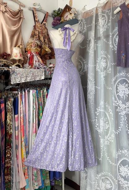 Vintage Lilac A Line Halter Lace Satin Prom Dress Evening Dress DP5241
