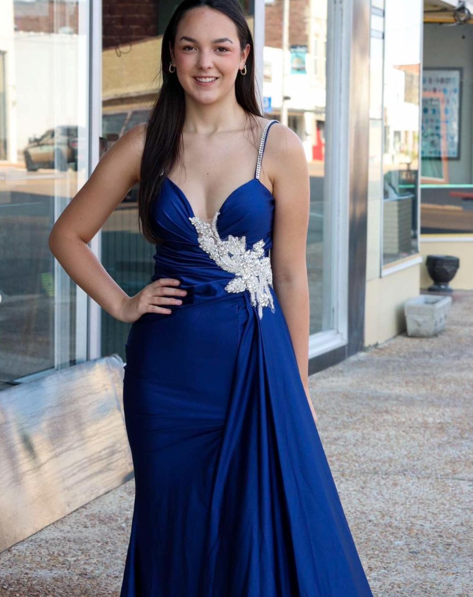 Navy Blue A Line Spaghetti Strap Beaded Satin Prom Dress Evening Dress DP6593