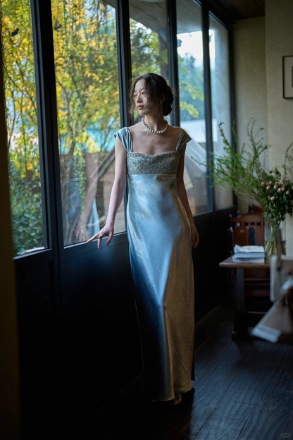 Elegant Blue A Line Straps Beaded Satin Long Prom Dress Date Dress DP4517