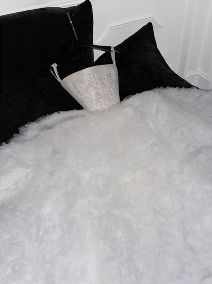 Elegant A Line Strapless Embroidery White Satin Tulle Long Sweep Prom Dress Wedding Dress DP2572