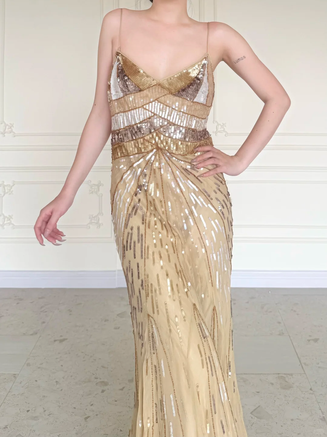 Shiny Gold Vintage A Line Straps Sequin Chiffon Long Prom Dress DP5070