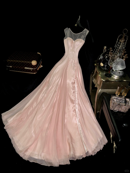 Gentle Pink A Line Sweetheart Neck Tulle Satin Prom Dress Party Evening Dress DP5338