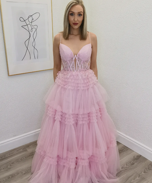 Sweety Pink A Line Spaghetti Strap Beaded Layered Tulle Long Prom Dress Evening Dress DP6769