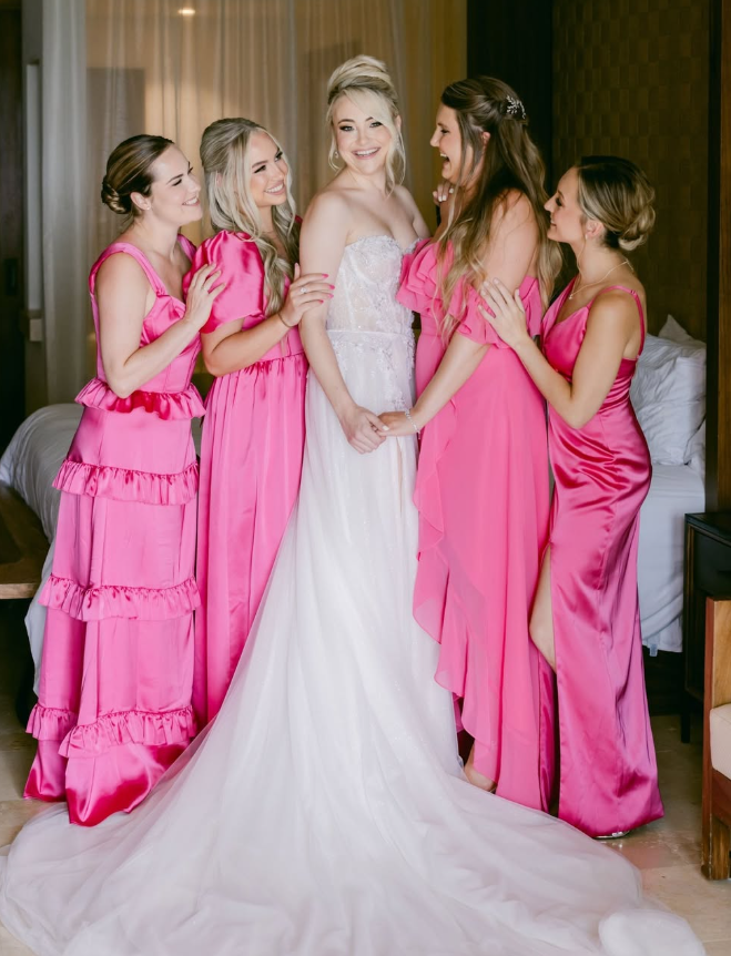 Cute Barbie Pink A Line Straps Layered Satin Long Prom Dress Bridesmaid Dress DP4985