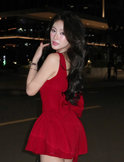Red A Line Straps Bow Satin Short Homecoming Dress Birthday Dress DP1405
