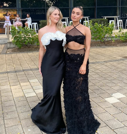 Elegant Black-white Mermaid Strapless Satin Long Prom Dress Evening Dress DP7469