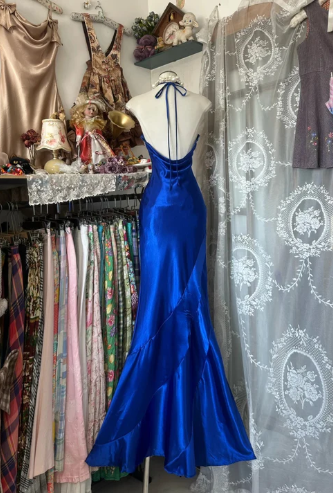 Vintage Blue Mermaid Long Prom Dresses Beaded Satin Evening Dresses Birthday Dresses DP4597
