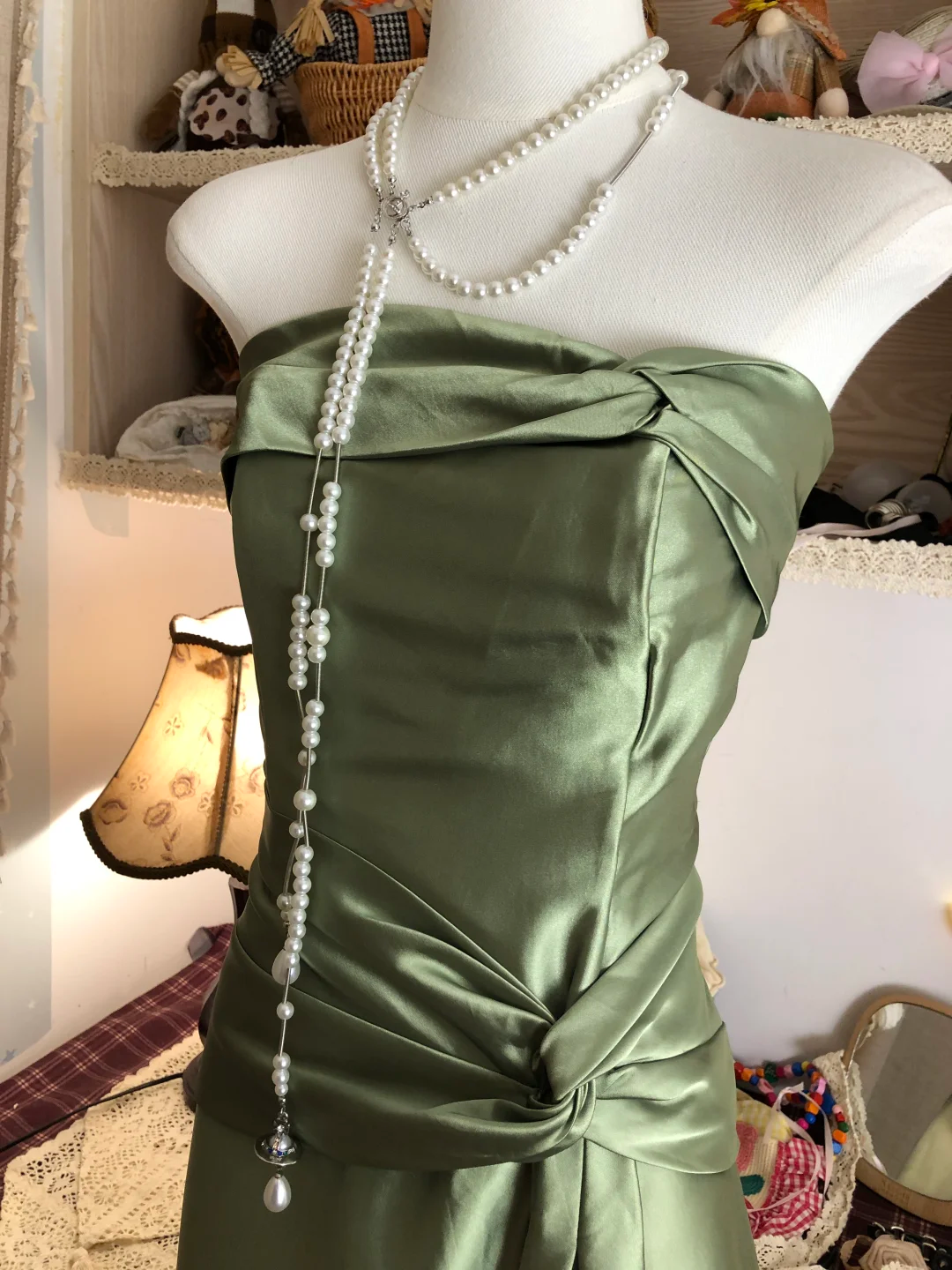 Vintage A Line Strapless Green Satin Long Party Dress Wedding Guest Dress DP2498