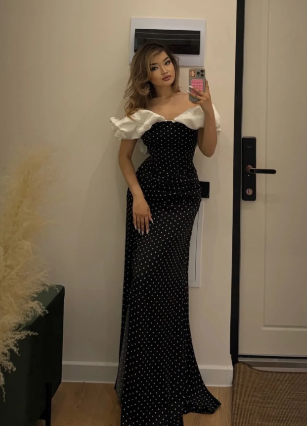 Polka Dot Sheath Off the Shoulder Satin Long Prom Dress Evening Dress with Slit DP5636