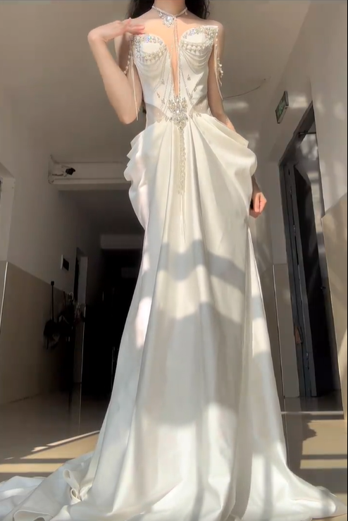 Sexy White Mermaid Sweetheart Neck Beaded Satin Prom Dress Graduation Ball Gown DP4579