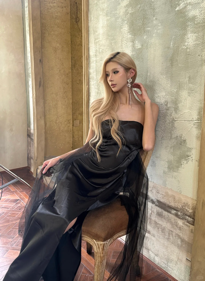 Sexy A Line Strapless Black Tulle Satin Slit Prom Dress Party Dress DP4553