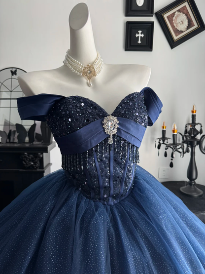 Navy Blue Ball Gown Off the Shoulder Beaded Sequin Prom Dress Quinceanera Dress DP6960