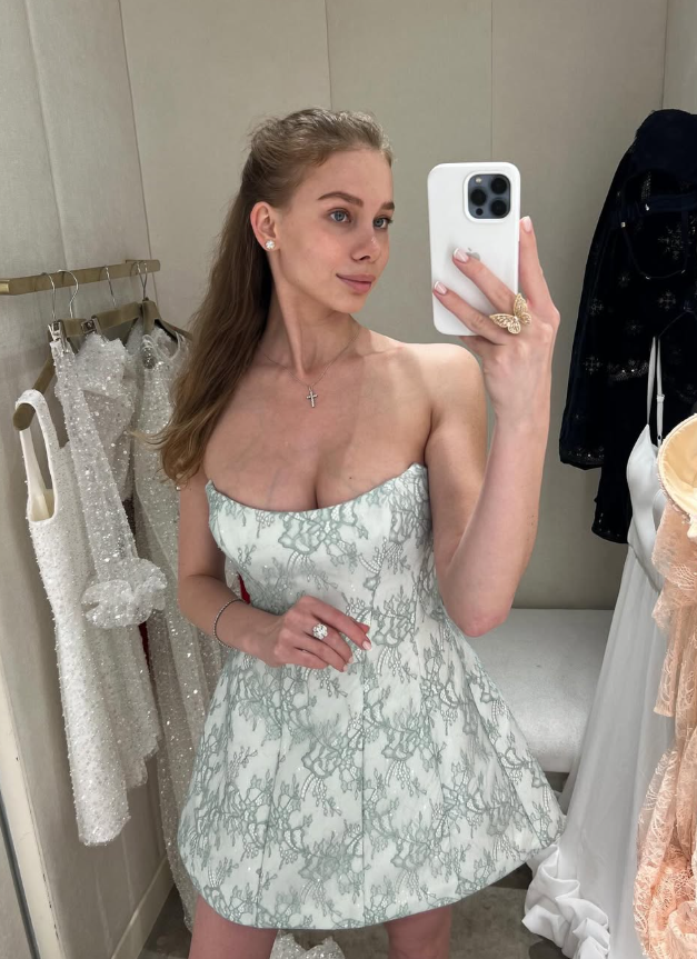 Sage Green Lace A Line Strapless White Satin Homecoming Dress Cocktail Dress DP3496