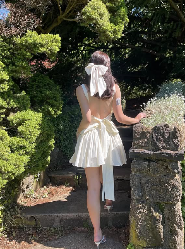 White A Line Straps Bow Satin Short Cute Open Back Homecoming Dress DP4443