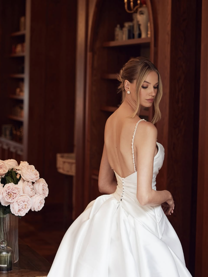Simple Ball Gown Spaghetti Strap Pearl White Satin Long Wedding Dress with Slit DP5838