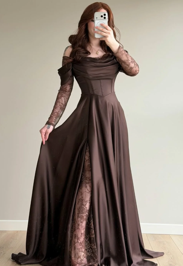 Elegant Brown A Line Long Sleeve Lace Satin Prom Dress DP5021