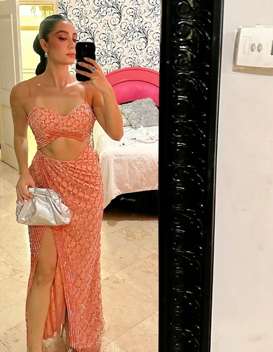 Sexy Sheath Spaghetti Strap Beaded Satin Prom Dress Evening Dress with Slit DP1647