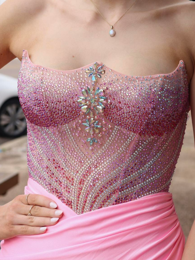 Glamorous Pink Mermaid Strapless Beaded Satin Slit Prom Dress Party Evening Dress DP6309