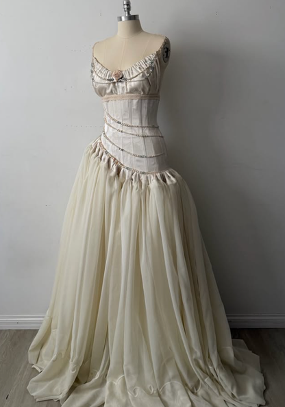 Vintage Apricot A Line Strapless Satin Long Prom Dress Evening Dress DP7888