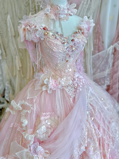 Stunning Pink Ball Gown Off the Shoulder Floral Exquisite Beaded Tulle Prom Dress DP3818