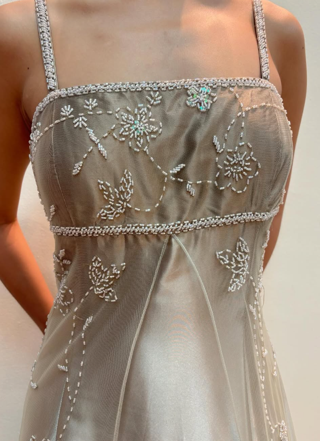 Vintage A Line Spaghetti Strap Beaded Chiffon Satin Long Prom Dress Evening Dress DP1682